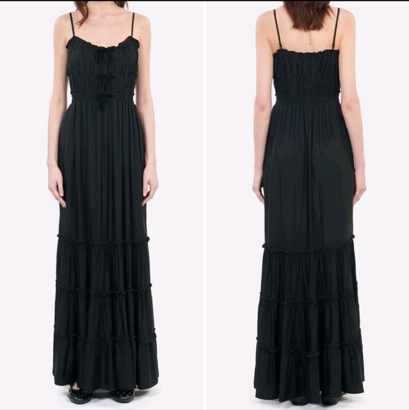 NWT! The Kooples, Shirred Maxi Dress Bows/Tiered Skirt, Black, FR 1(US S),$325 - Picture 2 of 6